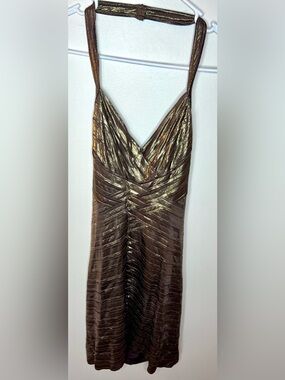 Y2K BCBGMAXAZRIA Rivas Metallic Bronze Gold Bandage Halter Dress